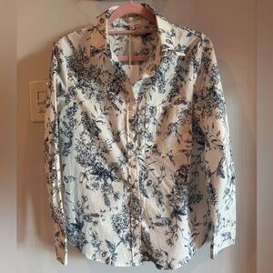 Charlior Paris White & Blue Floral Chinoiserie Style Cotton Button Down Shirt SM